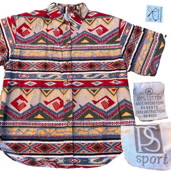 PS Sport Striped Abstract 100% Cotton Button-up Shirt Sz M - Picture 1 of 6